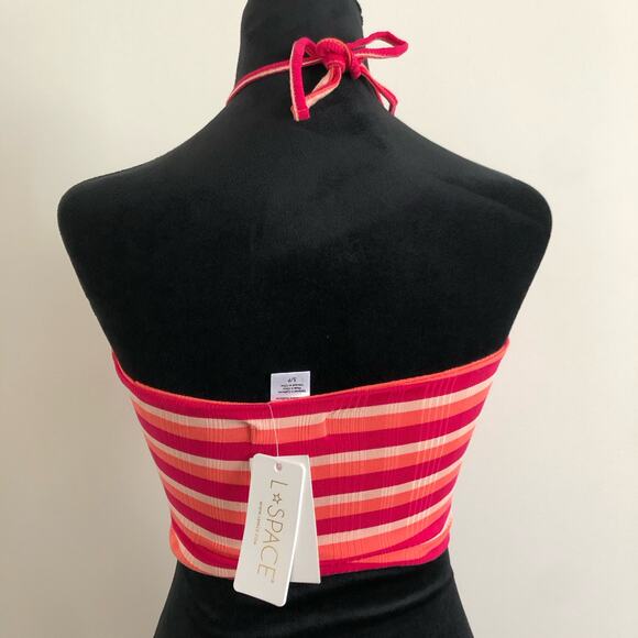 L*SPACE Paloma Top Small Striped Halter‎ Crop Top Red Pink Orange Cutout Detail - Picture 5 of 8